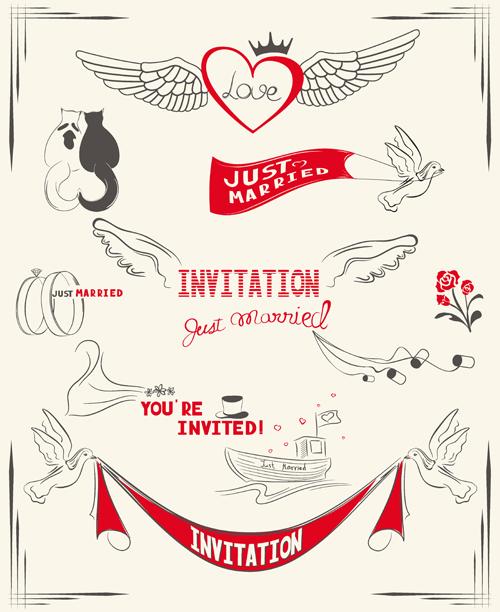 Mariage romantique cartes d’invitation dessiné à la main vecteur 02 romantique mariage invitation dessiné à la main cartes d’invitation   