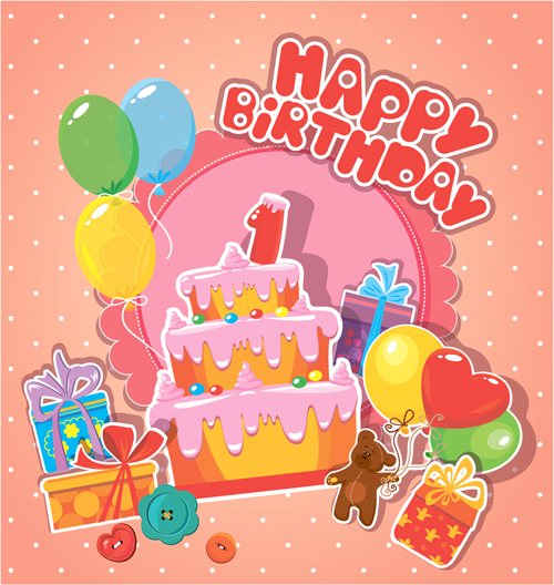 Carte d’anniversaire de bébé avec le matériel de vecteur de gâteau 01 gâteau carte Bébé Anniversaire   