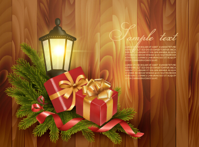 Cadeau de Noël avec la lampe vecteur de fond en bois Noël Lampe en bois cadeau   