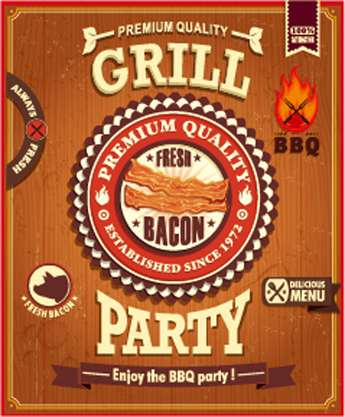 Retro Grill Party Plakat Vektormaterial 01 Retro-Schrift poster party grill   