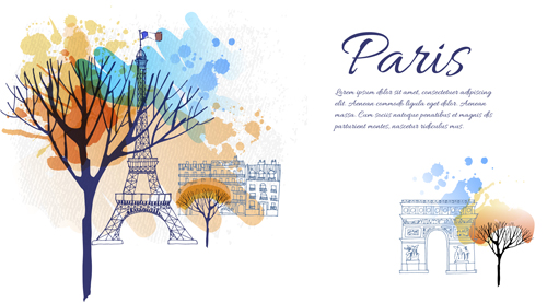 水彩画の木のベクトルの背景を持つロマンチックなパリ 背景 水彩画 木 ロマンチックな パリ   