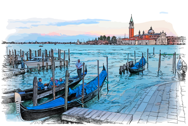 Venise Italie paysage main dessin vecteur 02 Venise paysage main Italie   