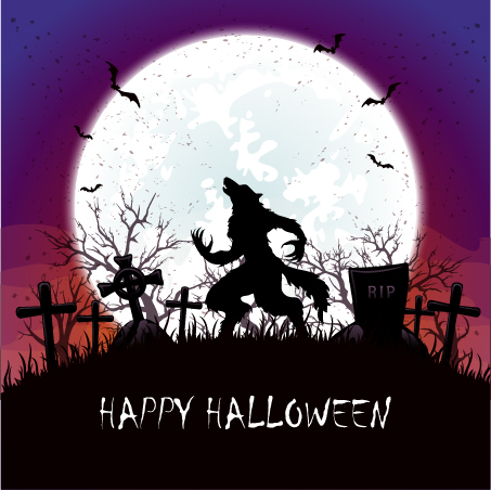 Werwolf auf Friedhof mit Halloween-Hintergrundvektor Werwolf halloween Friedhof   