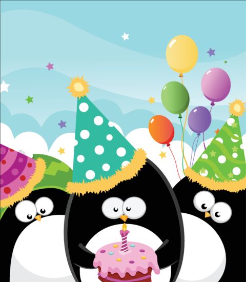 Pingouin mignon avec le vecteur de gâteau d’anniversaire pingouin mignon gâteau Anniversaire   