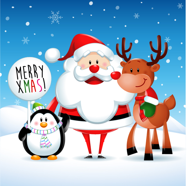 Santa mignonne avec le cerf et le vecteur de Noël de pingouin santa pingouin Noël mignon cerf   