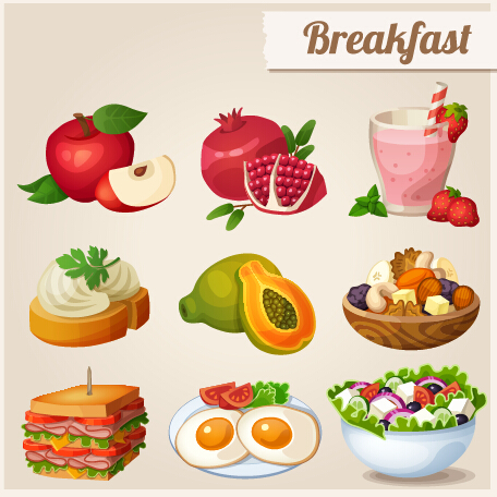 Graphismes de vecteur de conception de fruits et de petit déjeuner petit-déjeuner icônes icône fruits   