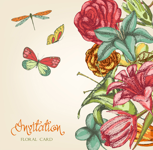 手描き色の花の招待状のカードベクトル01 色付き 招待状カード 招待状 手描き   
