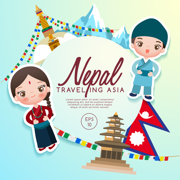 Nepal reist Cartoon-Vorlage Vektor Reisen Nepal cartoon   