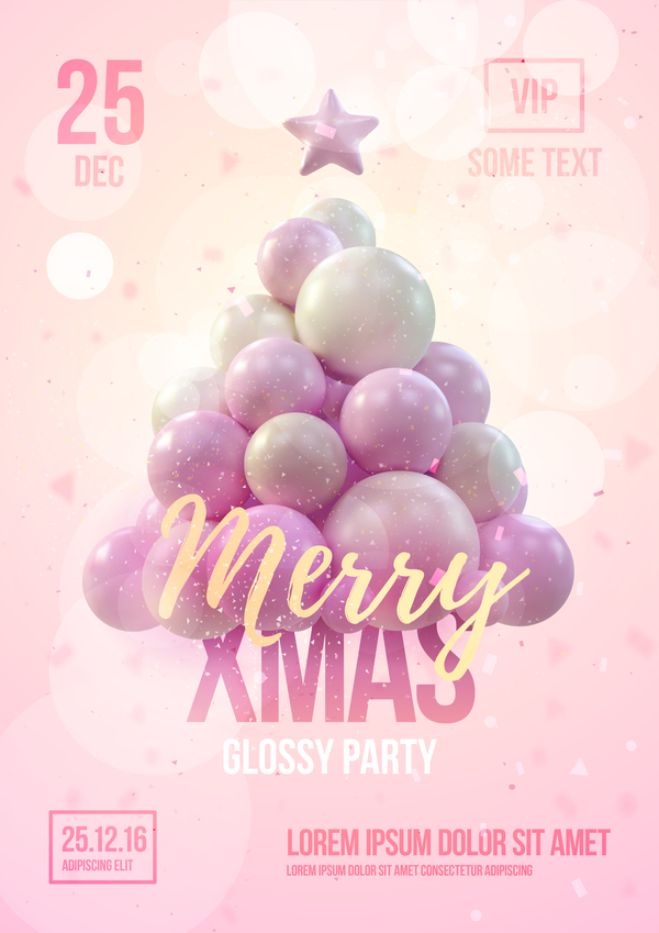 Rosa Weihnachts-Party-Flyer-Vorlage mit Ballon-Weihnachtsbaumvektor 01 Weihnachten flyer Baum ballon   