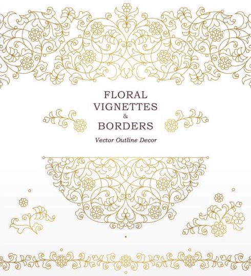 Blumenschmuck mit goldenem Umriss Vektor 02 outline golden floral Dekor   