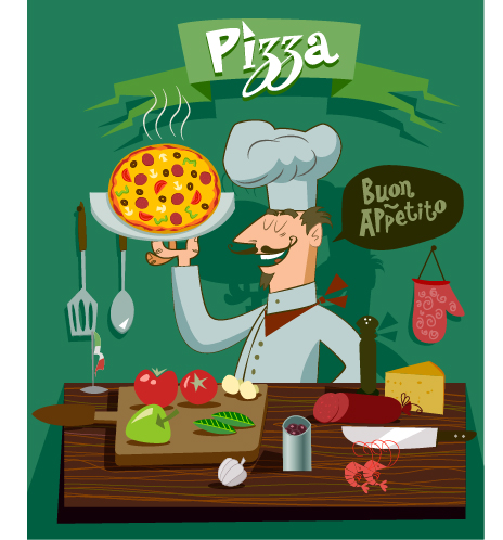 Lustiger Koch mit Pizza-Vektormaterial 03 pizza funny chef   