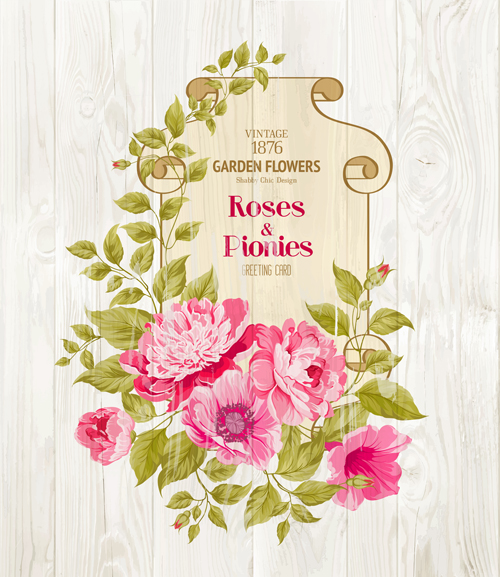 Rosa Blumenkarten mit Holz-Hintergrundvektor 01 pink Karten Hintergrund Blume   