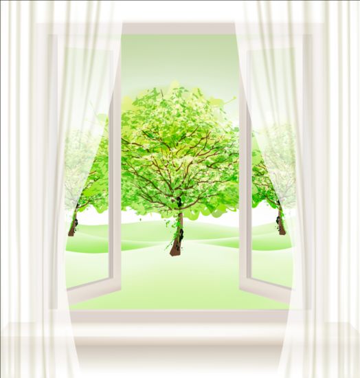 Fond de nature d’été avec la fenêtre ouverte et le vecteur d’arbres verts vert ouvert nature fond fenêtre été   