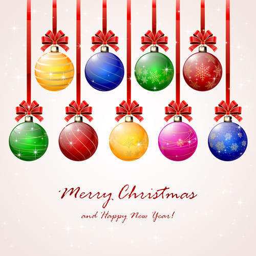 Farbige Weihnachtskugeln mit rotem Bogenvektor Weihnachten rot gefärbt Bogen Bälle   