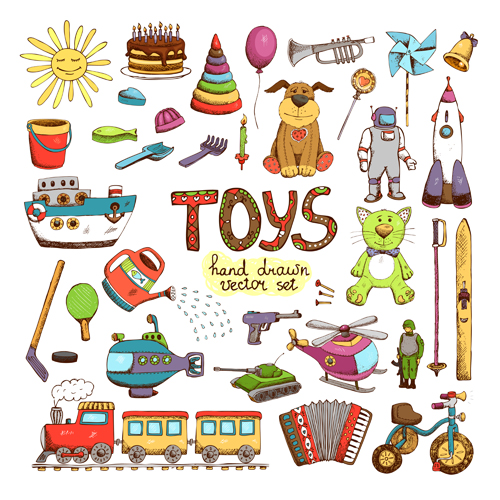 Éléments de jouets dessinés à la main vecteur 03 jouets elements element dessiné à la main   