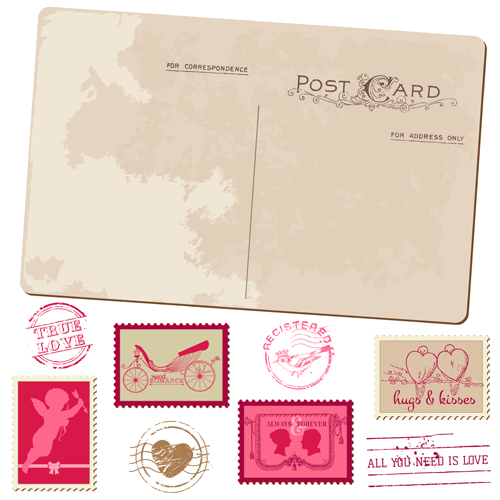 郵便切手とヴィンテージの結婚式のはがきベクター04 郵便切手 結婚式 ビンテージ はがき   