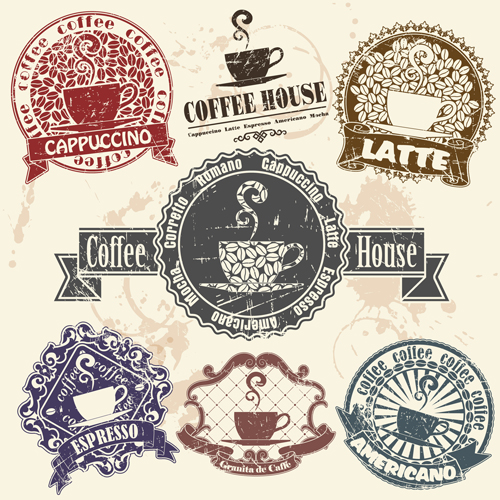Logo de café grunge avec des étiquettes vecteur graphique grunge étiquettes cafe   