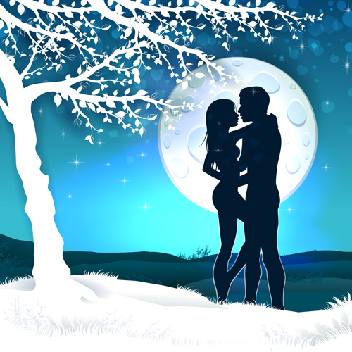 月と木のベクトルを持つ恋人のシルエット04 月 恋人 シルエット   