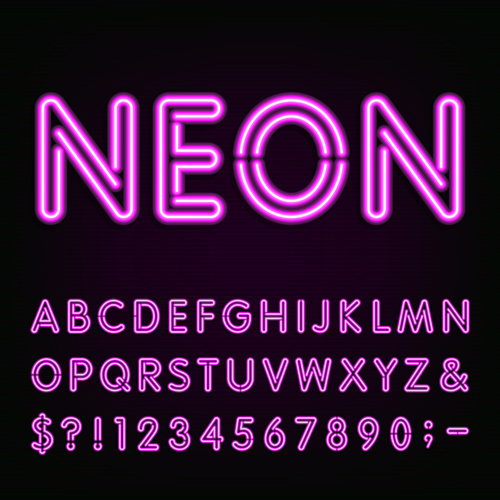 Lila Neonalphabet mit Nummer und Zeichenvektor Zeichen purple number neon alphabet   