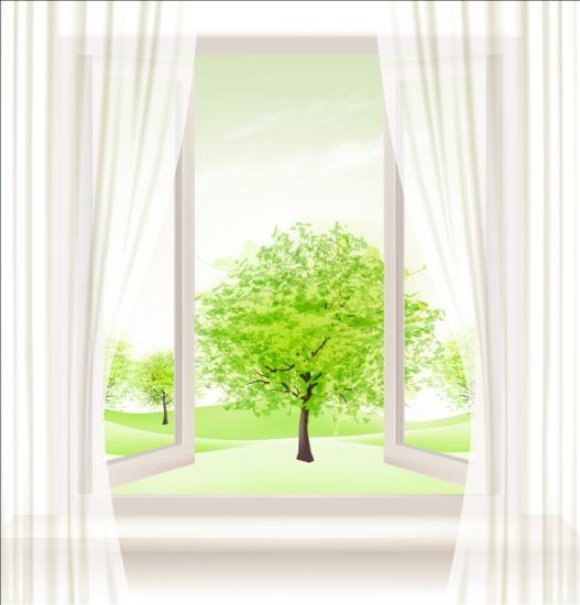 Fond de vecteur de fenêtres d’été et d’arbres verts windows vert fond été arbres   