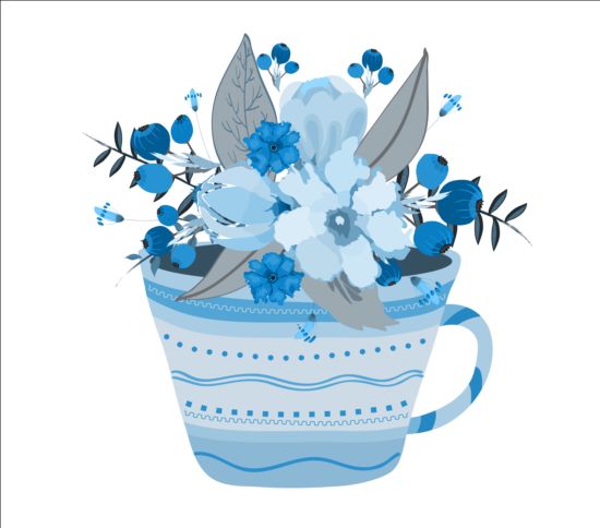 Tasse à thé avec des fleurs aquarelle vecteur 01 tasse à thé fleurs aquarelle   