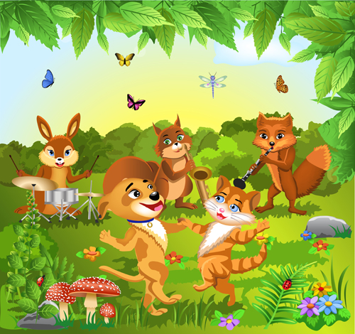 野生動物と自然風景デザインベクトルセット03 風景 野生 自然 動物 シーン   