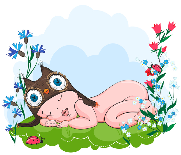 Baby schläft in einem Hut Eulen auf Gras Vektor Schlaf Hut Gras Eulen baby   