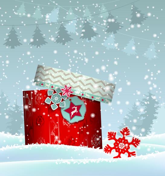 Chrishtmas Geschenkbox mit Winterschneehintergrund Vektor 06 winter Schnee Geschenk Chrishtmas box   