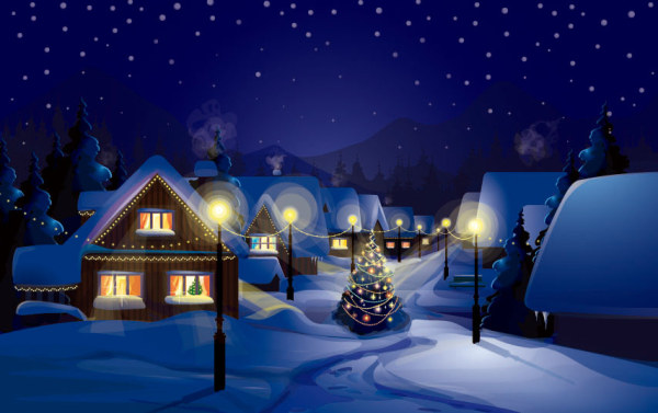 雪の風景ベクトルとクリスマスの夜 風景 雪 夜 クリスマス   