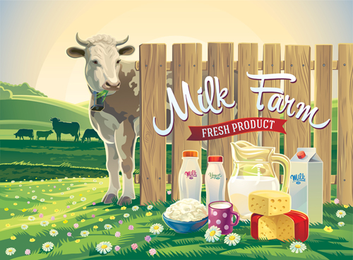 Paysage de ferme avec le matériel de vecteur de produit de lait 01 produit paysage lait ferme   