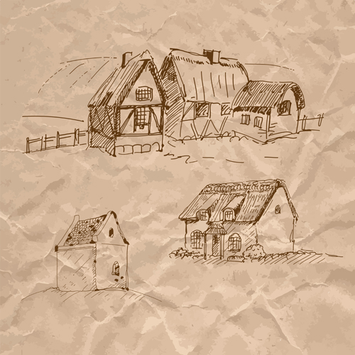 Von Hand gezeichnete mittelalterliche Gebäude und zerknitterten Papiervektor 01 zerkleinert Papier zerbröselt Mittelalter Hand gezeichnet Gebäude   