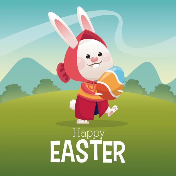Carte de Pâques heureux avec le vecteur de lapin de bande dessinée 14 Pâques Lapin heureux dessin animé carte   