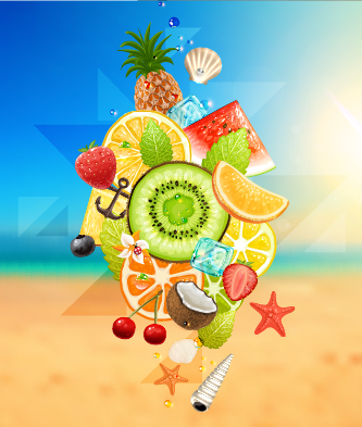 Sommerfrüchte mit Strandvektorhintergrund Vector-Hintergrund Strand Sommer Obst Hintergrund   