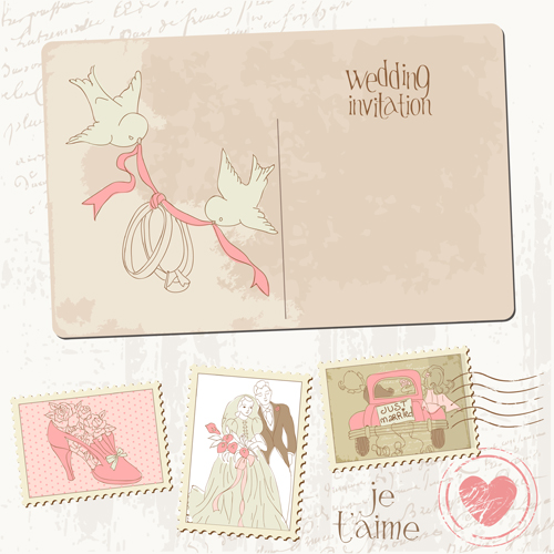 Carte postale de mariage Vintage avec timbres-poste vecteur 03 vintage Timbres-poste timbre mariage carte postale   