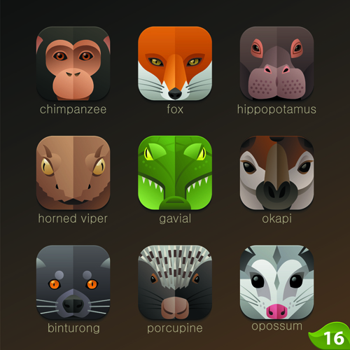 Lustige Tiersymbole Flachstil Vektor 18 icons funny Animal   