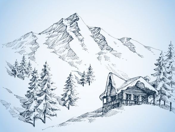 雪の山の冬の風景手描かれたベクトル02 風景 雪 手 山 冬   