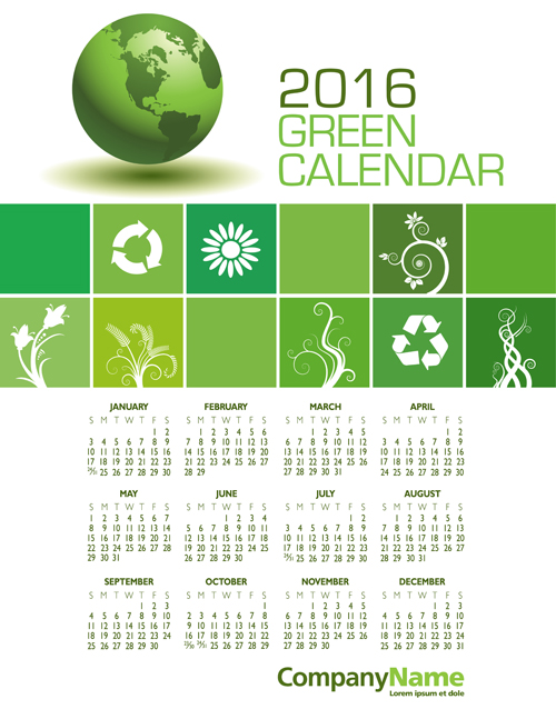 2016 calendrier avec vecteur de globe vert 03 vert calendrier 2016   