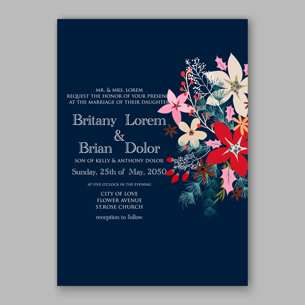 Blaue Hochzeitskarten-Vorlage mit elegantem Blumenvektor 01 Karten Hochzeit elegant Blume Blau   