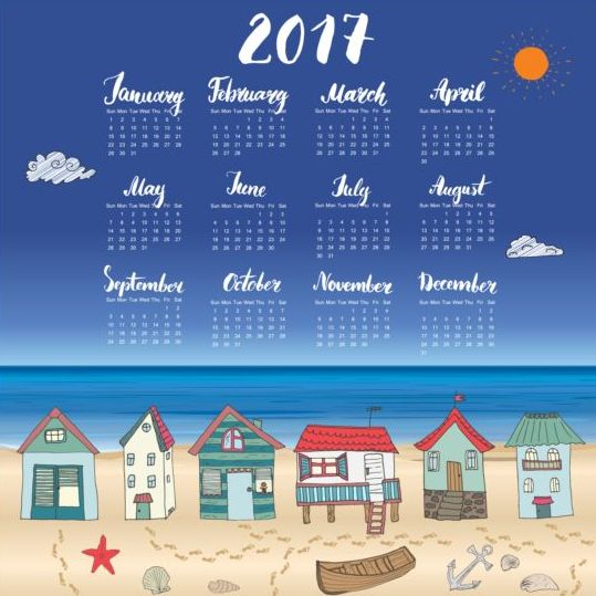 Kalender 2017 mit Strandhaus-Vektor 03 Strand Kalender Haus 2017   