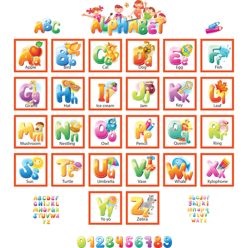 Alphabet coloré avec l’alphabétisation des enfants vecteur 05 enfants coloré alphabétisation alphabet   