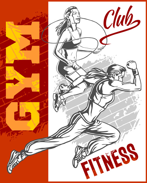 Fitness GYM dessiné à la main affiche vecteur 04 poster main gym fitness dessiné   