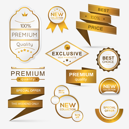 Bannières d’or avec des étiquettes et autocollant badge vecteur 02 or étiquettes bannières badge autocollant   