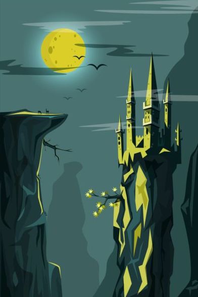 神秘的な城のベクトルと夜の風景 風景 神秘的な 夜 城   