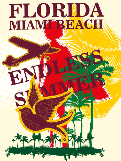Vacances d’été Miami Beach affiche vecteur 06 vacances poster plage miami été   