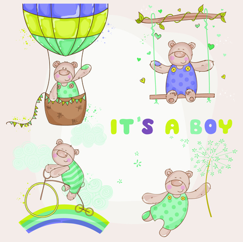 テディベア男の子のカードのベクトル 赤ちゃん 少年 テディベア クマ   