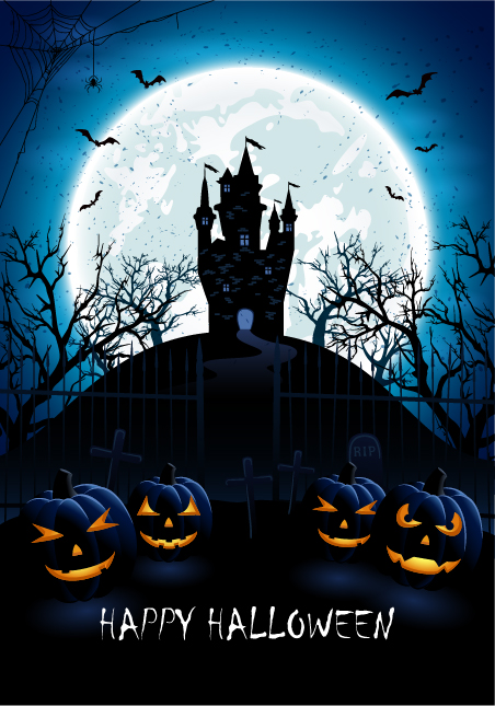 Blauer Halloween-Hintergrund mit Schloss und Kürbisvektor Schloss Kürbisse halloween Blau   
