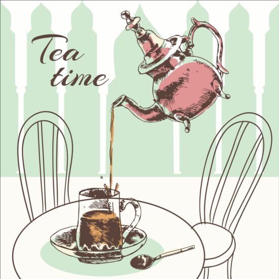 Handgezeichnete Tee-Zeitvektorhintergrund 01 Zeit Zeichnung Hintergrund hand   