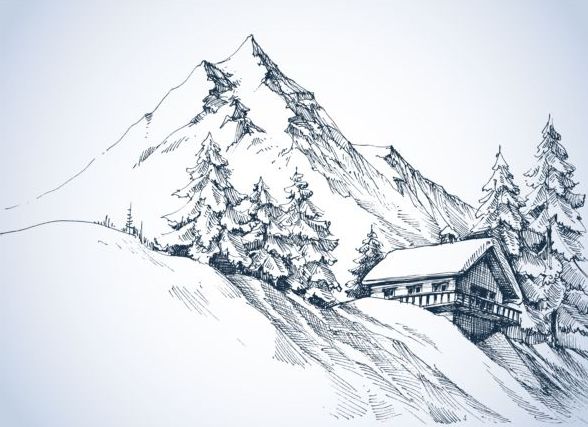 雪の山の冬の風景手描かれたベクトル01 風景 雪 手 山 冬   