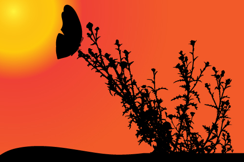 蝶と夕焼けシルエットベクター素材02 蝶 日没 シルエット   