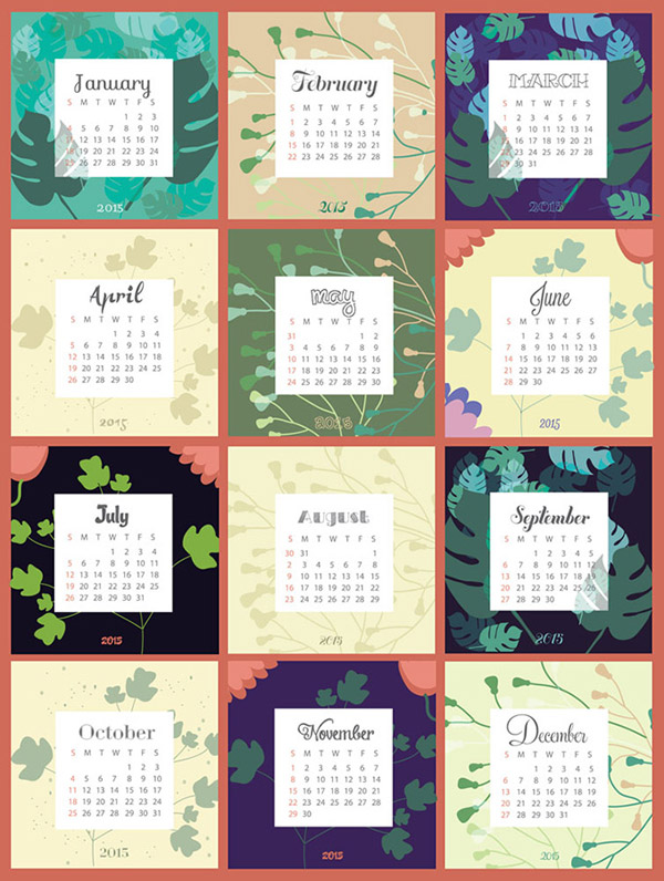 Kalender 2015 mit Blättergrundvektor Kalender Blätter 2015   